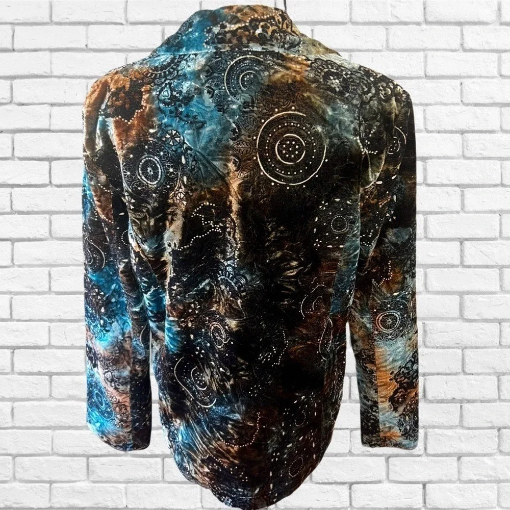 Chico's Velvet Celestial Mandala Print Blazer Teal Bronze Beaded Jacket Size‎ 2